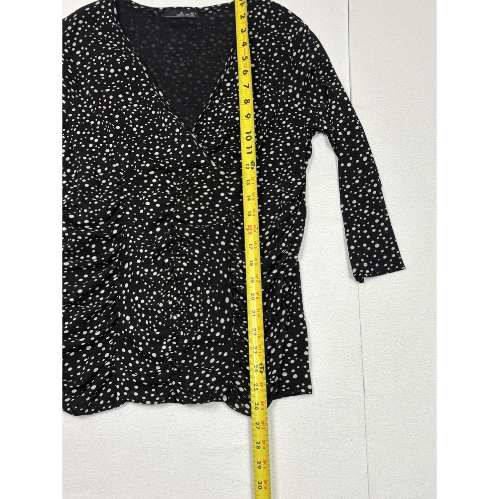Willi Smith Womens Black Polka Dot Ruched V-Neck 3/4 Sleeve Mesh Top Large - Picture 5 of 6